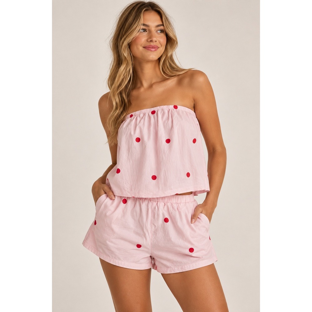 Pink Red Polka Dot Lounge Set Shorts and Tube Top 2 Piece Cotton Blend Small